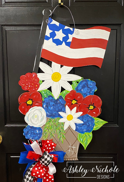 Patriotic Floral Basket with Flag Door Hanger