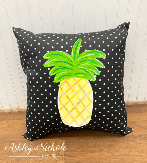 Custom-Pineapple Yellow Pillow on Black Mini Dot Fabric