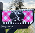 Buffalo Check (Pink) and Black and White Stripe Initial Vinyl Mailbox Cover