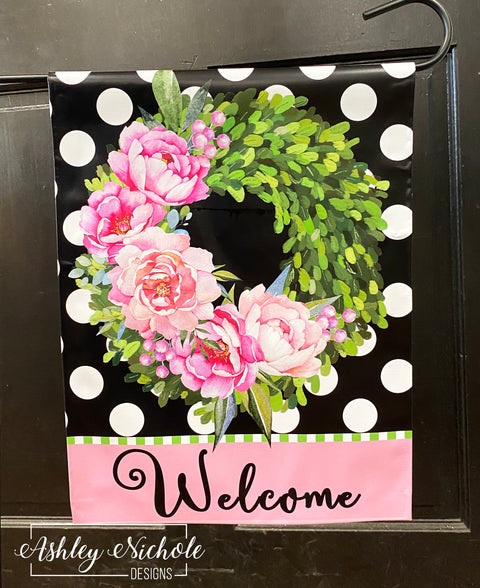 Pink Peony Floral - BLACK - Vinyl Garden Flag