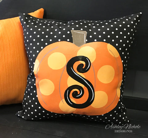 Custom-Pumpkin Initial Pillow Black/White Dot