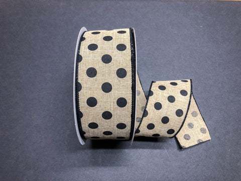Natural with Black Polka Dot Wired Ribbon - 2.5" x 50yds