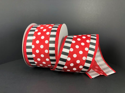 Striped Edge Polka Dot-Red/Black Wired Ribbon - 2.5"x10Yds