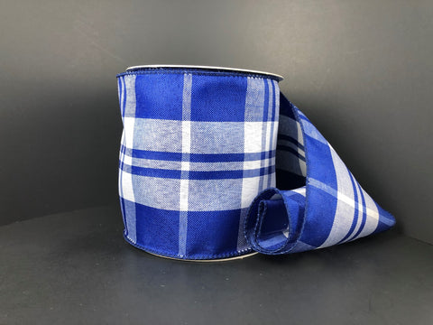 Royal & White Plaid Wired Ribbon - 4" x 10yds