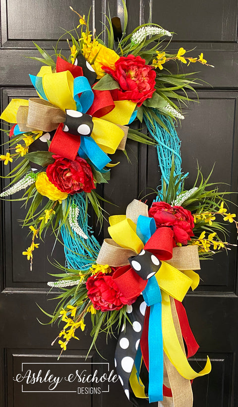 Turquoise Floral with RED Spring-Summer Wreath-Oval