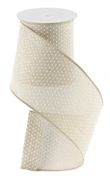 Natural/White Swiss Dots Wired Edge Ribbon - 4" - 10 YDS