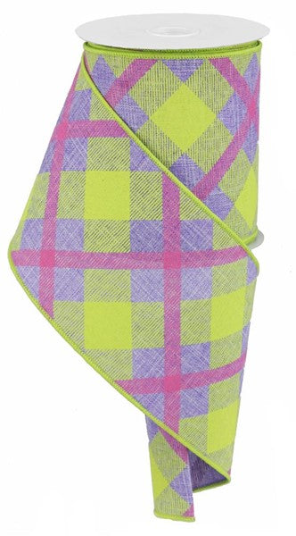 Lavender, Lime & Hot Pink Plaid Wired Ribbon - 4" x 10yds