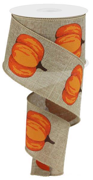 Orange Pumpkins On Burlap Wired Ribbon - 2.5" x 10yds