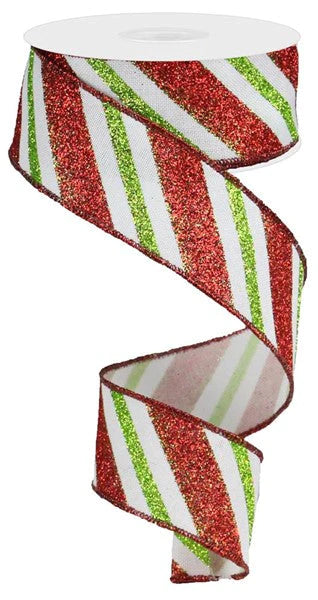 Red, White & Lime Diagonal Glitter Stripe Wired Ribbon - 1.5"x10Yds