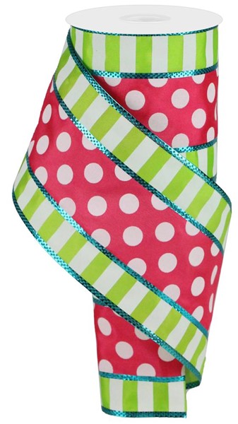 Hot Pink/Lime/White/Turquoise Polka Dot with Stripes Wired Edge Ribbon - 2.5" - 10 YDS