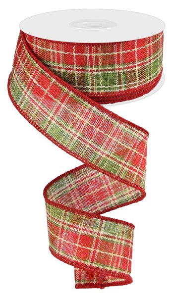 Cranberry, Green, Red & Ivory Plaid Wired Ribbon - 1.5" x 10yds