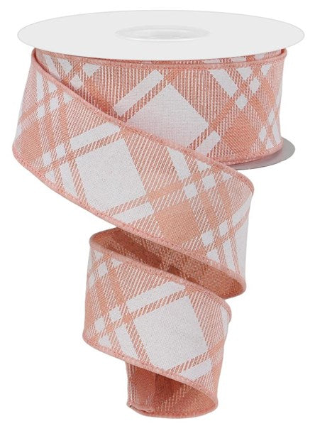 Peach w/ White Diagonal Check Wired Ribbon - 1.5" x 10yds