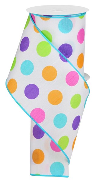 Faux Dupioni Bright Polka Dots Wired Edge Ribbon - 4" - 10 YDS