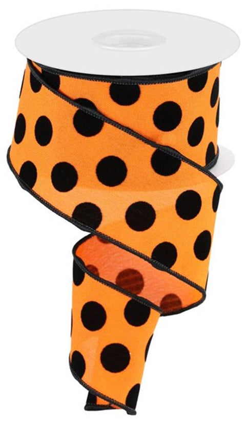 Orange w/ Black Velvet Polka Dots Wired Ribbon - 2.5" x 10yds