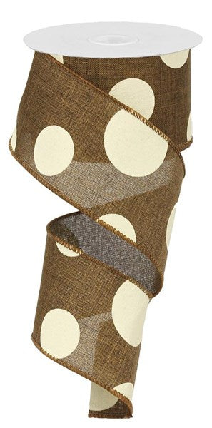 Brown Burlap With Ivory Multi Dots Wired Ribbon - 2.5"x10Yds