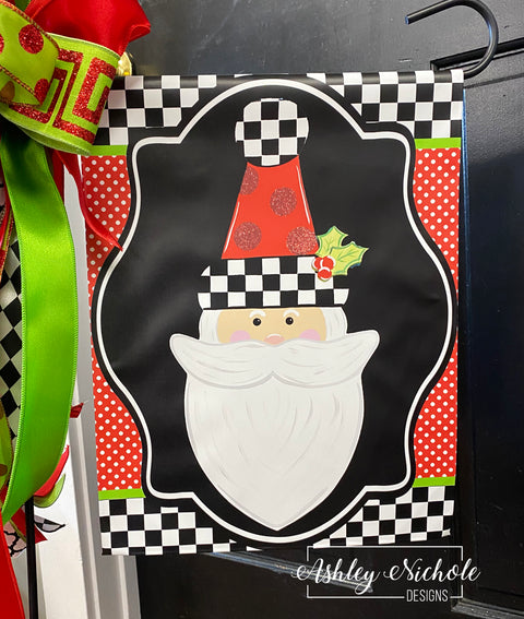 Santa - Checkered with Red Glitter Dots Vinyl Garden Flag