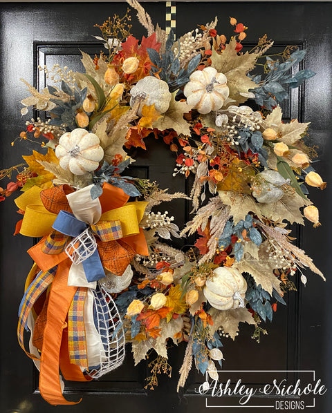 White Washed Pumpkins - Cool Tones Fall Wreath