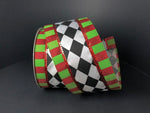 Black and White Harlequin w/ Red and Green Striped Edge Wired Edge - 2.5" - 10 YDS