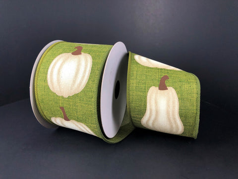 Green Burlap w/ Neutral Pumpkins Wired Ribbon - 2.5" x 10yds