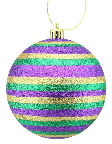 100MM Horizontal Stripe Mardi Gras Glitter Ball Ornament