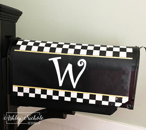 Black & White Checkered with Gold -Curlz Font INITIAL- Mailbox Cover