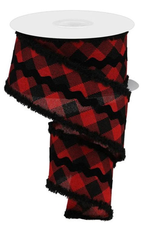 Red & Black Check w/ Black Velvet RicRac Wired Ribbon - 2.5" x 10yds