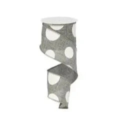 Grey & White Large Dot Wired Ribbon - 2.5" x 50yds