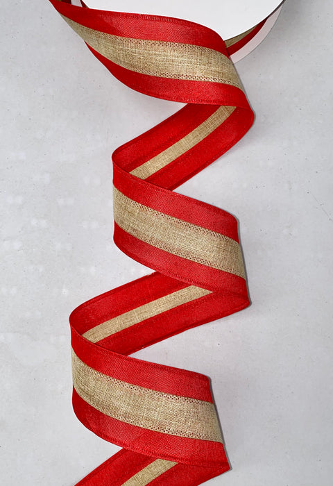 Red w/ Neutral Center Stripe Wired Ribbon - 2.5" x 50yds