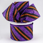 Black, Purple & Orange Diagonal Glitter Stripe Wired Ribbon - 2.5" x 10yds