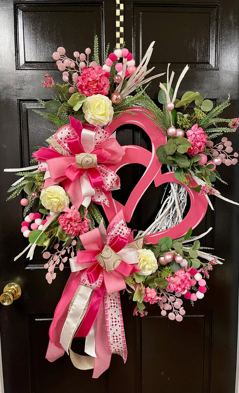 Double Pink Hearts Floral Wreath