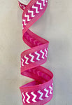 Pink and White Chevron with Pink Border Wired Edge - 2.5" - 10 YDS