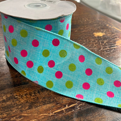 Turquoise with Pink and Green Dots Wired Ribbon - 2.5" x 10yds