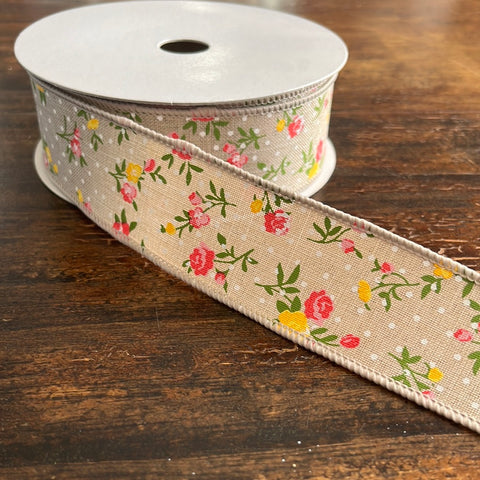 Floral Burlap Mini Dot Wired Ribbon - 1.5" x 10yds