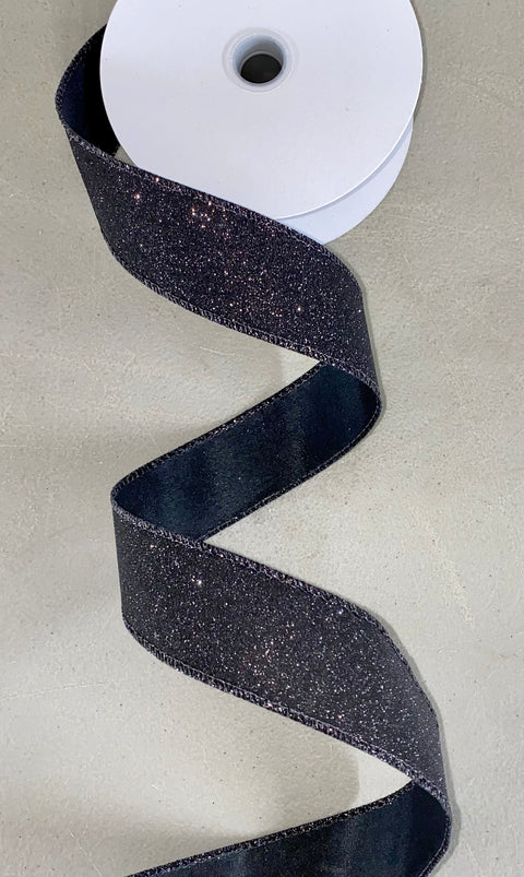 Black All Flat Glitter Wired Ribbon - 1.5" x 10yds