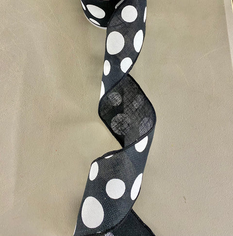 Black Burlap w/ Large White Polka Dots Wired Ribbon - 4" x 10yds