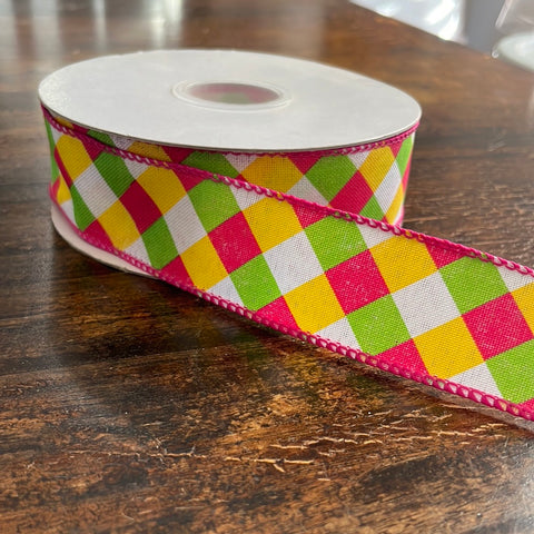 Lime, Pink & Yellow Diagonal Block Wired Ribbon - 1.5" x 20yds