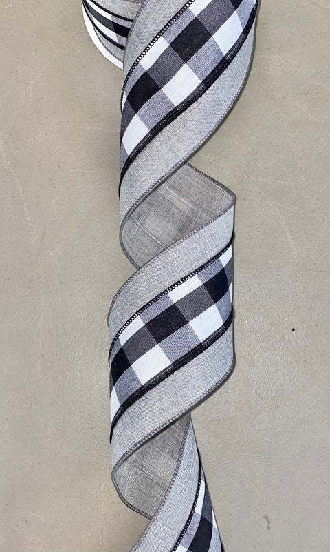 Black Buffalo Check with Solid Grey Edge Wired Ribbon - 4"x10Yds