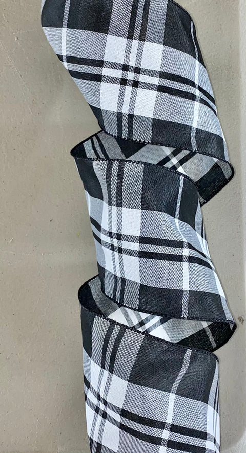 Black and White Plaid Wired Ribbon - 4"x10Yds