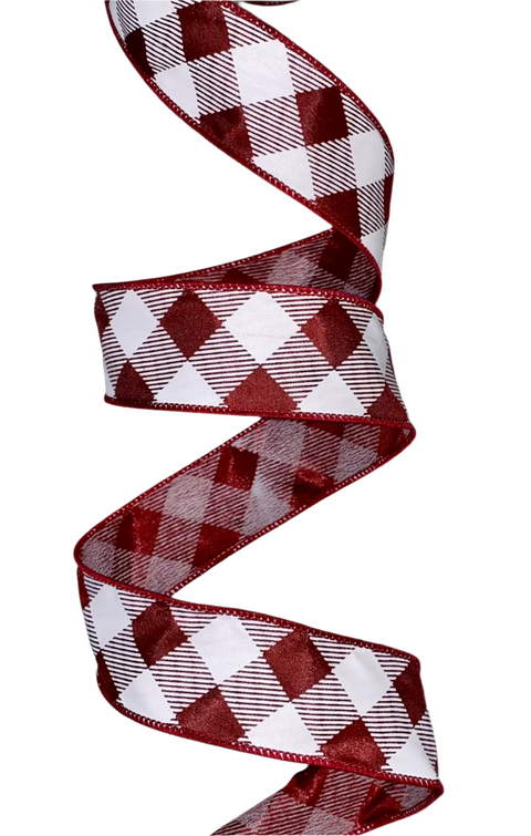 Maroon & White Diagonal Check Wired Ribbon - 1.5" x 10yds