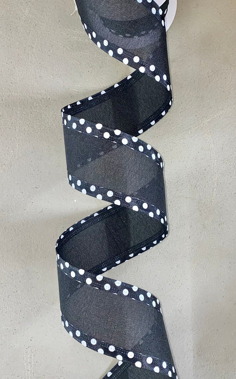 Black & White Dot Edge On Black Linen Wired Ribbon - 2.5" x 10yds