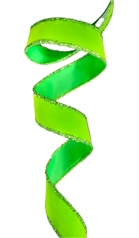 Lime Velvet w/ Green Tinsel Edge Wired Ribbon - 1.5" x 10yds