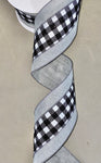 B&W Glitter Gingham with Solid Grey Edge Wired Ribbon - 4"x10Yds