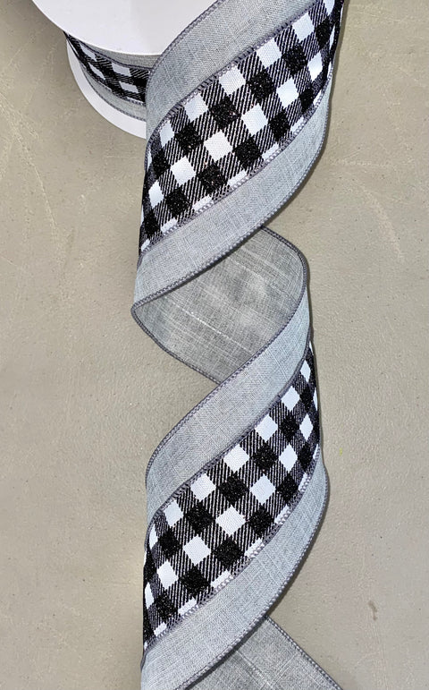Black and White Glitter Gingham with Solid Grey Edge Wired Ribbon - 4" x 10yds