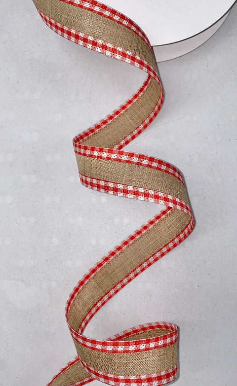 Neutral w/ Red & White Gingham Border Wired Ribbon - 1.5" x 50yds