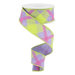 1.5 " x 10 yd Wired Printed Plaid on Royal - Lavender / Lime Green / Hot Pink