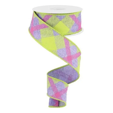 Lavender/Lime Green/Hot Pink Plaid Wired Ribbon - 1.5"x10Yds