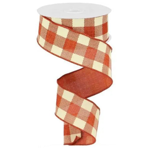 Plaid Check on Royal: Rust & Ivory Wired Ribbon - 1.5" x 10yds