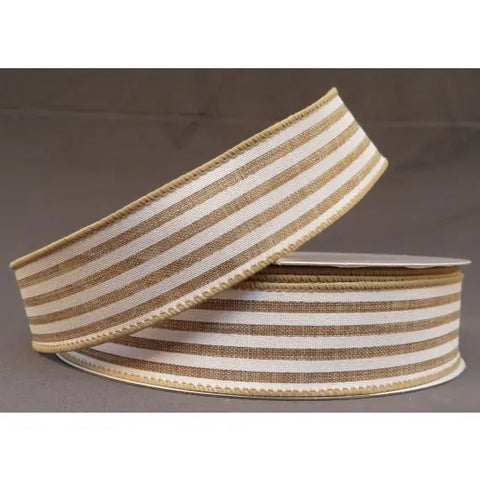 Natural Burlap and White Stripe Wired Ribbon - 1.5"x50Yds