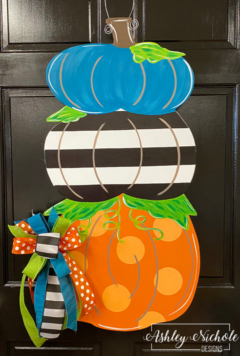 Pumpkin Stack - Black & White Stripe - Fall Door Hanger